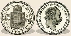1892-es ezust 4 forint / 10 frank hivatalos pénzverdei fantáziaveret