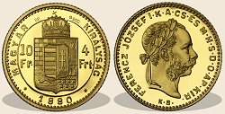 1880-as arany 4 forint / 10 frank hivatalos pénzverdei utánveret