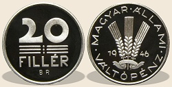 1946-os ezüst 20 fillér  hivatalos pénzverdei fantáziaveret az 1946-os Mesterdarabok szett kiadásában