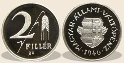 1946-os ezüst 2 fillér  hivatalos pénzverdei fantáziaveret az 1946-os Mesterdarabok szett kiadásában
