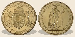 1892-es aranyozott ezüst 20 korona hivatalos pénzverdei fantáziaveret