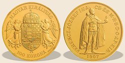 1907-es arany 100 korona hivatalos pénzverdei utánveret