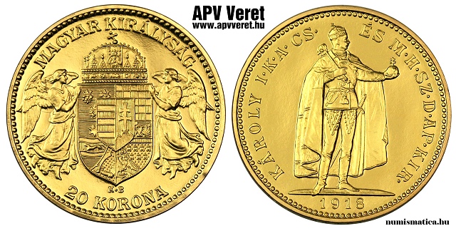1918-as arany 20 korona hivatalos pénzverdei utánveret