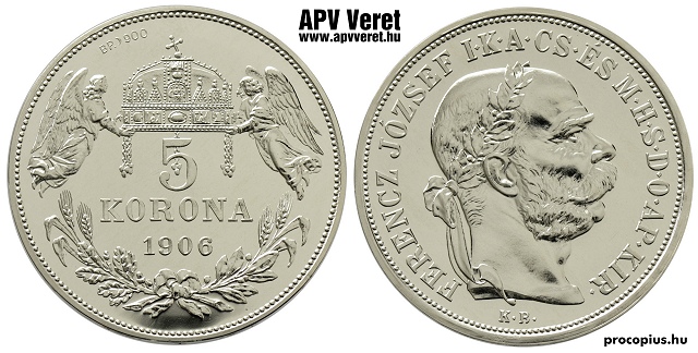 1906-os ezüst 5 korona hivatalos pénzverdei utánveret