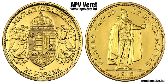 1918-as arany 20 korona hivatalos pnzverdei utnveret