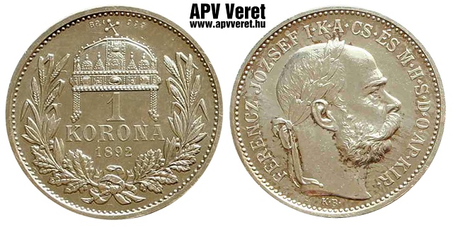 1892-es ezst 1 korona hivatalos pnzverdei utnveret